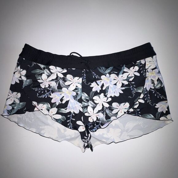 Athleta Black & White Tropical Floral Swim Shorts Swimsuit Bottom Size Large - Picture 1 of 8